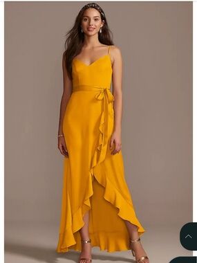 Marigold Spaghetti Strap Crepe Ruffle Dress